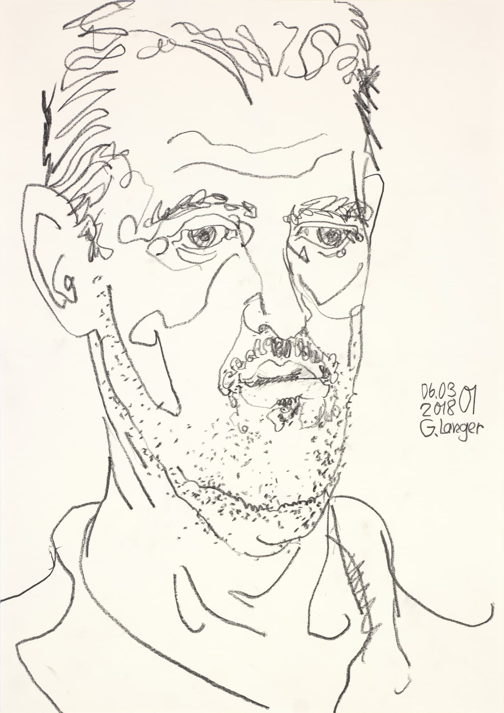 Gunter Langer, Portrait eines innehaltenden nachdenklichen Mannes, Weit entfernt, 2018, Zeichnung Bleistift (Bleistiftzeichnung), Karton, 59 x 42 cm